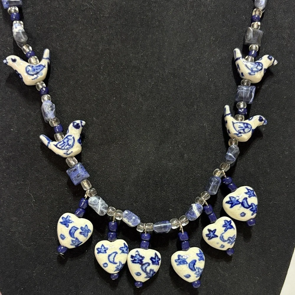 Blue and White Ceramic Bird Necklace - Picture 2 of 5